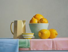 a painting of oranges in a bowl next to a pitcher and other items on a table