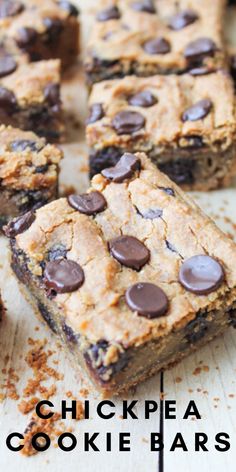 chocolate chip cookie bars cut into squares on top of a cutting board with the words chickpea cookie bars