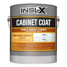 a white paint can with an orange stripe on the bottom and black lettering that reads, cabinet coat