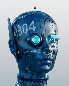 a blue robot head with the word m804 on it's forehead and eyes