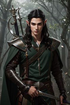 a young man dressed in green and holding two swords, standing in front of trees