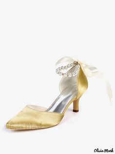 Olivia Mark - Elegant Pearl-Embellished Bridal Shoes for Women with Ankle Strap and Comfortable Kitten Heels Wedding Shoes For Bride, Shoes For Bride, Gold Wedding Shoes, Pointed Shoes, Comfortable High Heels, White Wedding Shoes, Kitten Heel Shoes, Satin Shoes, Low Heel Shoes