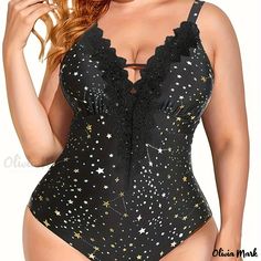 Olivia Mark - Womens Plus Size Casual One Piece Swimsuit Featuring Dot Print, Contrasting Lace, and V-Neckline with Cut-Out Design Casual One Piece, Lace Swimwear, Plus Size One Piece, Swimsuit Collection, Perfect Swimsuit, Swimsuit For Women, Black One Piece Swimsuit, 1 Piece Swimsuit, Fashion Bug