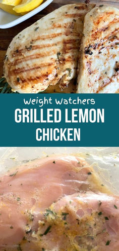 grilled lemon chicken on a white plate with the title overlay reads weight watchers grilled lemon chicken