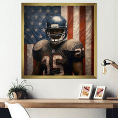 an american football player in front of the american flag