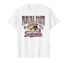 a white florida state football t - shirt with the words, and helmet on it