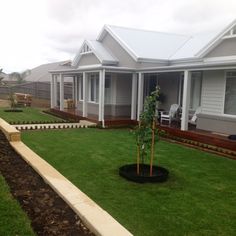 a house with grass and trees in the front yard