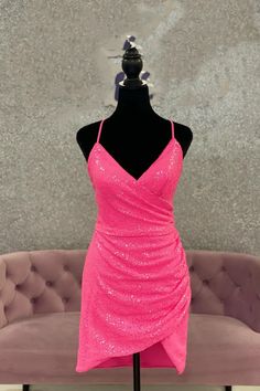 The hot pink sequin tight dress features spaghetti straps, a v-neck, a faux-wrap look, and a tulip hem. SKU: 3120 Material: Sequin Spaghetti straps V neck Tulip hem Bodycon silhouette Ship in 7-10 business days Size: US 2-16. We offer free returns in 7 days. Please refer to our return policy page for more details. If you have any questions, don't hesitate to contact us: at service@dressesforparty.com. Winter Formal Dresses Short, Dress Short Tight, Pink Hoco Dresses, Pink Prom Dresses Short, Hot Pink Homecoming Dress, Hoco Dresses Pink