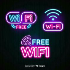 three neon signs that say free wifi, free wifi and free wifi