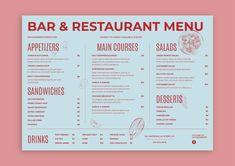 a restaurant menu on a pink and blue background with the words, bar & restaurant menu