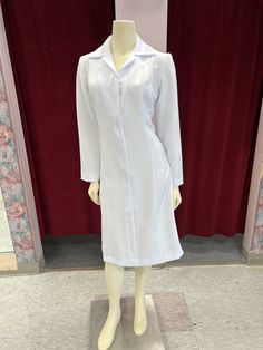 White tailored A-Line collared dress. 2 hidden pockets .  Full zipper closure Long Sleeve Workwear Dress With Zipper Closure, Long Sleeve Dresses With Zipper For Work, Long Sleeve Dresses For Work With Zipper Closure, Long Workwear Dresses With Pockets, Long Dresses With Pockets For Work, White Nurse Dress, Nurse Dress, Nurse Uniforms, Nursing Mother