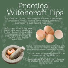 ✨ P𝕣𝕒𝕔𝕥𝕚𝕔𝕒𝕝 W𝕚𝕥𝕔𝕙𝕔𝕣𝕒𝕗𝕥 T𝕚𝕡𝕤✨ Egg shells have so many magickal uses, but before they are used, make sure they have been cleansed and the inner membrane removed so the shells are hygienic. There are... Egg Shell Magical Properties, Practical Witchcraft, Egg Shell Uses, Shell Magic, Witchcraft Tips, Kitchen Witchery, Magick Book