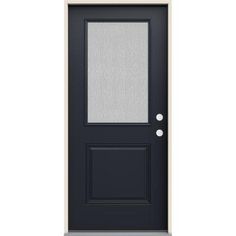 a black door with glass panels on the top and bottom panel, in front of a white background