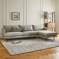 Burrard Walnut & Seasalt Gray Fabric Right Chaise Sectional | Article Modern Grey Sofa, Mid Century Modern Sectional, Grey Couches, Contemporary Mid Century, Grey Sectional, Contemporary Mid Century Modern, Apartment Decor Inspiration, Living Room Spaces, Gray Sofa