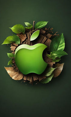 an apple logo surrounded by leaves on a dark green background with space for your text