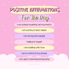 positive affirmations for the day on pink background with clouds and stars in the sky