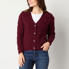 This women's v-neck cardigan by St. John's Bay is made from a soft cotton-blend in a cable-knit design, featuring a button-front closure, front pockets, and ribbed trims. Wear this essential style with a t-shirt underneath and jeans.Closure Type: ButtonFit: Regular FitNeckline: V NeckPockets: 2 Front Slip PocketsSleeve Length: Long SleeveApparel Length: 23 InchesFiber Content: 60% Cotton, 40% AcrylicFabric Description: KnitCare: Machine WashCountry of Origin: Imported Large Sweaters, Autumn 2024, Button Cardigan, V Neck Cardigan, Fall Winter Outfits, Knitting Designs, Cardigans For Women, Cable Knit, Sweaters & Cardigans