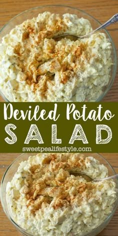 two bowls filled with mashed potatoes on top of a wooden table and the words deviled potato salad above them