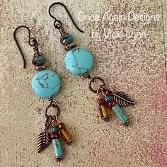 “Serene Breeze” - Dangle Earrings Hand Created - Once Again Designs By Vicki Lynn Limited Edition Earrings Featuring Howlite Turquoise Colored Stones, Czech Glass Beads, And Vintage Glass Beads Are Paired With Copper Charms And Findings Creating A Rich Casual Look. This Pair: - Howlite Turquoise Colored Stone Beads Rescued From A Broken Vintage Necklace. - Czech Glass Beads In A Variety Of Complimentary Colors. - Vintage Small Amber Glass Beads. - Tierracast Antique Copper Plated Leaf Charms And Chunky Bead Earrings, Charm Dangle Earrings, Boho Chandelier Earrings, Copper Beaded Earrings, Homemade Earrings Ideas Diy Jewelry, Czech Glass Beaded Bracelet, Latest Earrings Trends, Western Beaded Earrings, Bugle Bead Earrings