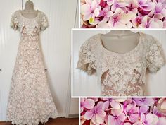 there is a dress on display with flowers in the background and an image of pink orchids