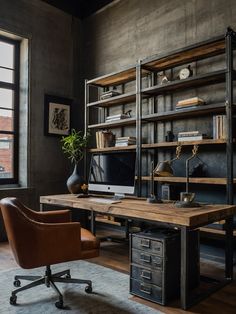 an office area with a desk, chair and bookcase in the middle of it