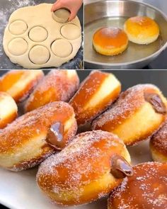 doughnuts being made in a pan and then covered with powdered sugar on top