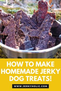 Dog Jerky in a dog bowl on the ground outside. Homemade Beef Jerky Recipe, Oven Jerky, Jerkey Recipes, Jerky Marinade, Teriyaki Beef Jerky, Homemade Jerky, Making Jerky