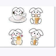 four cartoon animals with coffee cups and saucers in their paws, one holding a drink