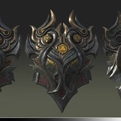 three different types of armor with gold and silver accents