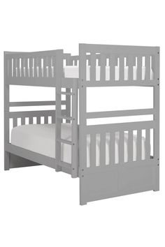 a gray bunk bed with white sheets and pillows