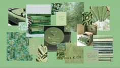 a collage of green and white items including an old fashioned typewriter, cd case, wallpapers, books, and more