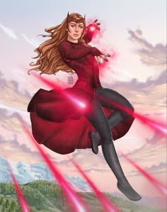 a woman flying through the air while wearing a red dress and black tights with her arms outstretched