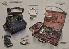 an old fashioned suitcase with various items inside and around it, as well as other accessories