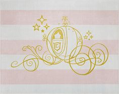 a pink and white striped wallpaper with a horse drawn carriage on it's side