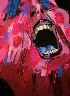 an abstract painting of a bear with its mouth open and teeth painted red, pink, blue, and black