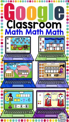 the google classroom math match is shown with four laptops on top of each other