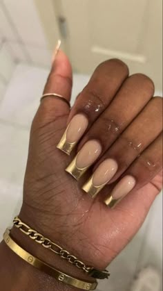 Gold Tip Nails, Gold Acrylic Nails, Gold Nail Designs, Gold Nail, Square Acrylic Nails, Fire Nails, Pretty Acrylic Nails, Dope Nails