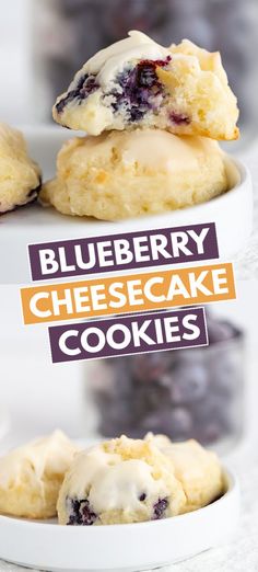 blueberry cheesecake cookies in small white bowls with text overlay that reads, blueberry cheesecake cookies