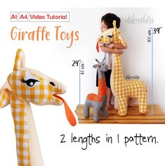 two giraffes in 1 pattern and one stuffed animal with the same size