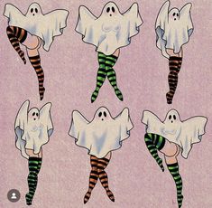 six different images of halloween costumes with ghost legs and stockings, all wearing striped socks