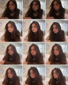 many different pictures of a woman with long brown hair and various expressions on her face