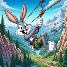 a cartoon rabbit is swinging on a rope in the air with mountains and trees behind him