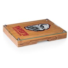 a wooden box with an image of the philadelphia 76ers on it and blue lettering