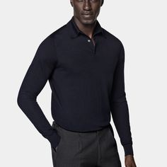 Dress it up under a tailored jacket or swap your shirt with it for a more casual anytime style-this navy long-sleeve polo shirt is an easygoing seasonal must-have. Navy Elegant Long Sleeve Tops, Elegant Navy Long Sleeve Tops, Elegant Long Sleeve Navy Tops, Navy Long Sleeve Polo Sweater For Winter, Casual Long Sleeve Polo Shirt With Seamless Collar, Blue Collared Polo Sweater For Fall, Navy Casual Long Sleeve Polo Sweater, Navy Long Sleeve Casual Polo Sweater, Blue Long Sleeve Polo Sweater For Work