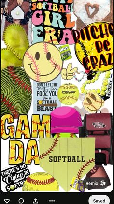 a collage of various sports related items on a cell phone screen with the caption game da softball