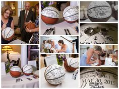 a collage of photos with basketballs and wedding date written on them, as well as people signing autographs