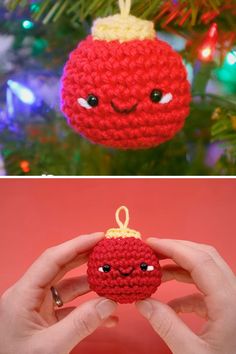 crocheted christmas ornament with eyes and nose hanging from a tree in front of a pink background