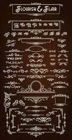 an old fashioned set of flourish and scroll designs on a brown background with white lettering