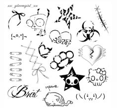 various tattoo designs are shown in black and white, including hearts, stars, and arrows