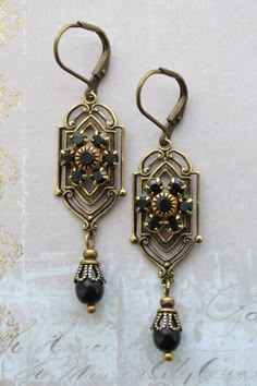 Black Crystal Earrings, Terra Nova, Edwardian Art, Glass Drop Earrings, Art Nouveau Art, Vintage Elements